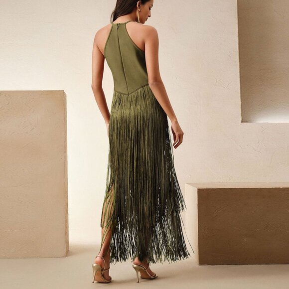🌿 STUNNING Olive Green Fringe Halter Gown - Flowy Sleeveless Maxi Dress! - Picture 2 of 11